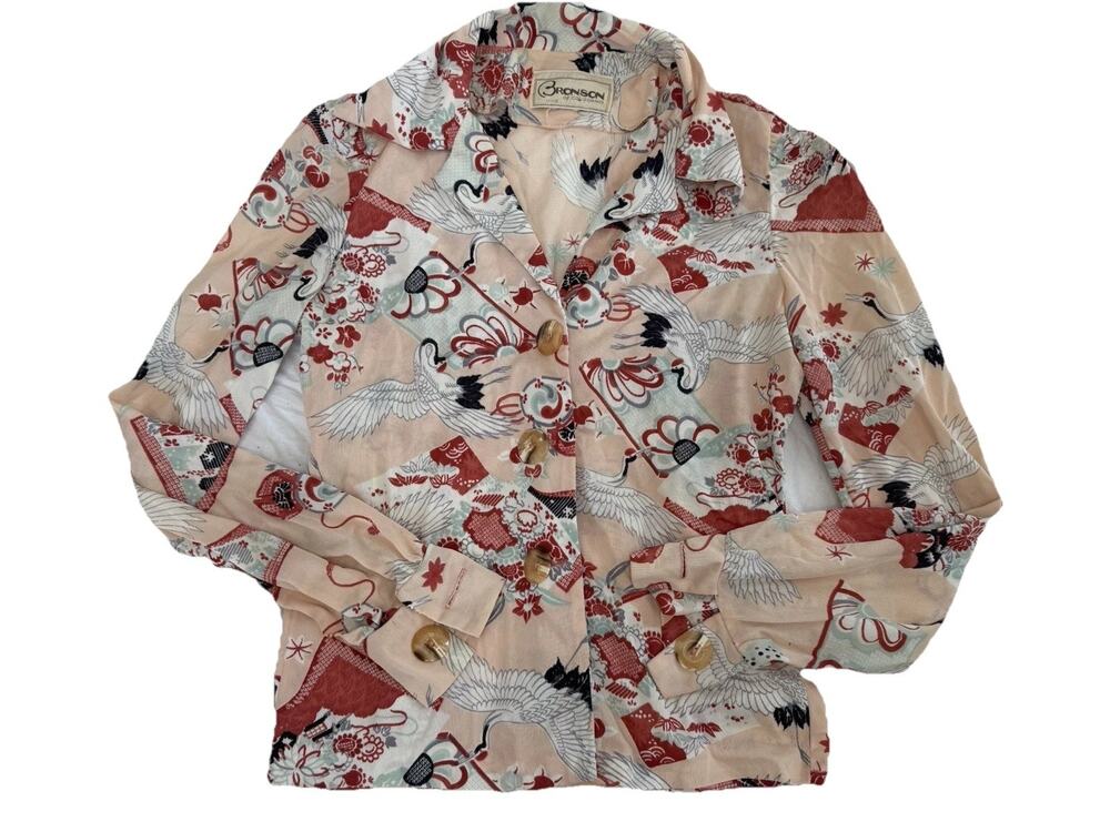 Bronson of California Pink Bird Crane Floral Mesh Blouse W 11-12 Vintage